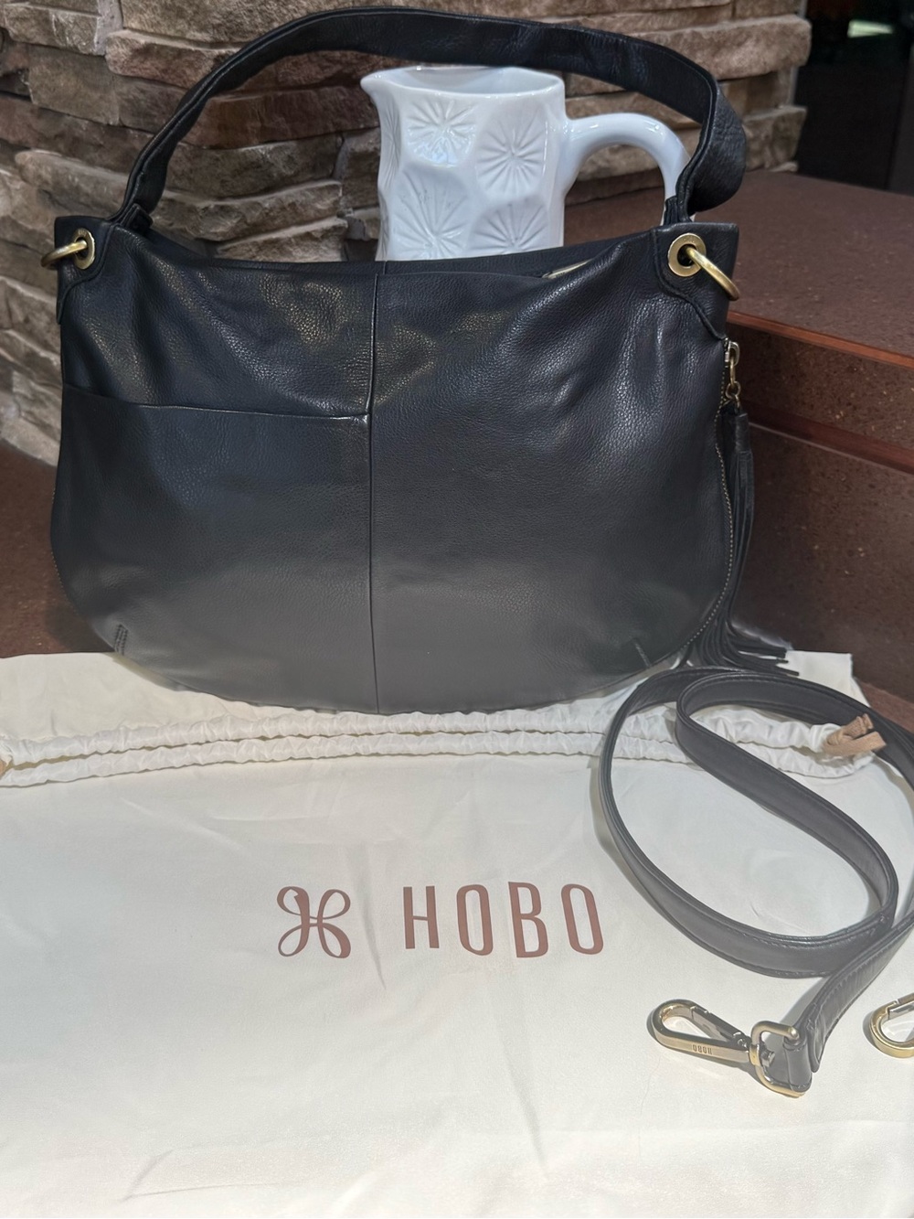 HOBO Genuine Black Leather Convertible, Shoulder and Crossbody Bag with Tassel
